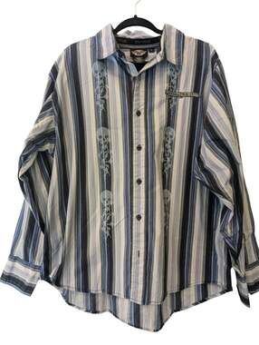 Harley-Davidson Mens XL Blue Striped Button Down Shirt Skulls Cotton Long Sleeve